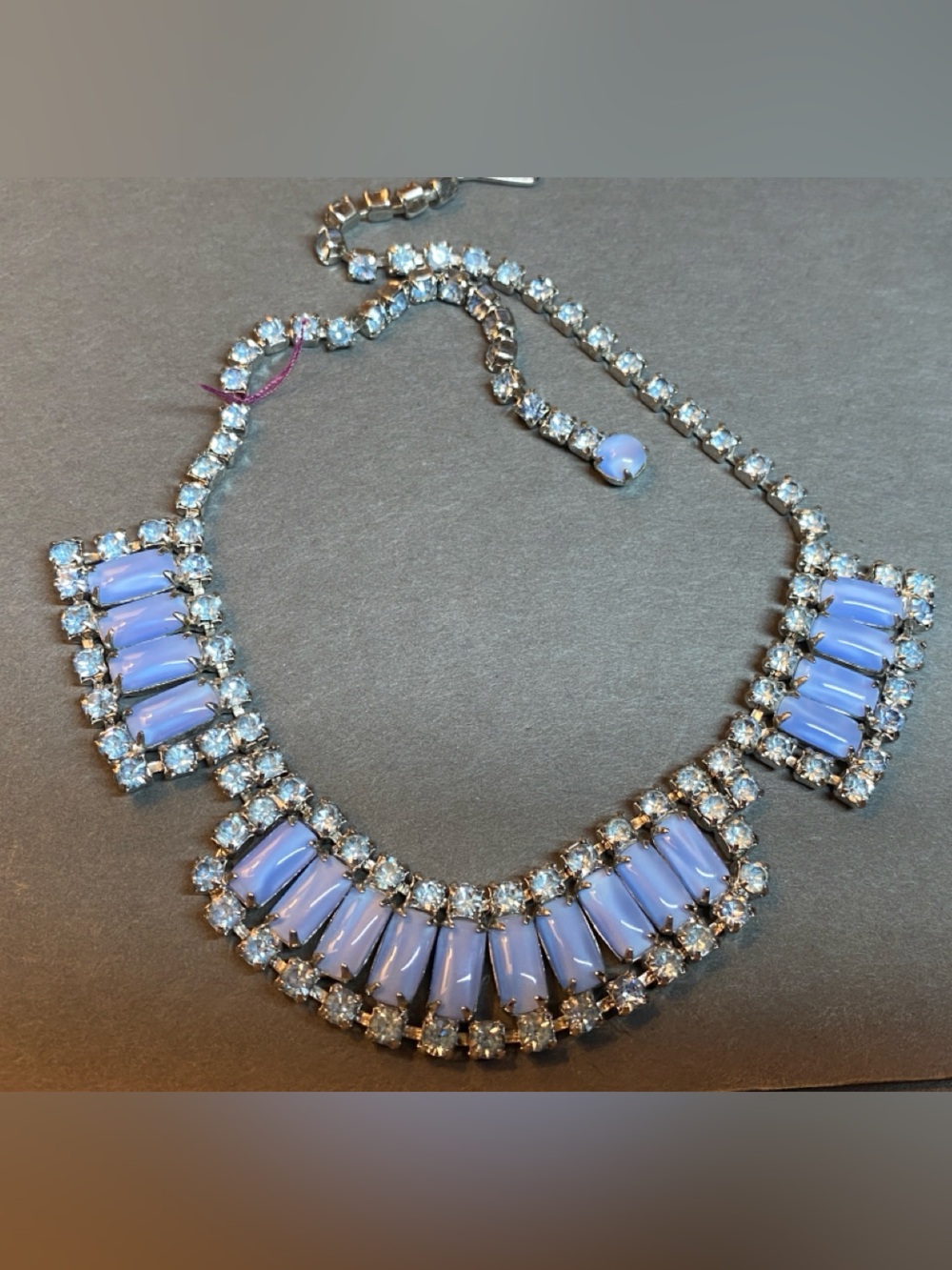 Vintage blue milk glass and blue rhinestone necklace